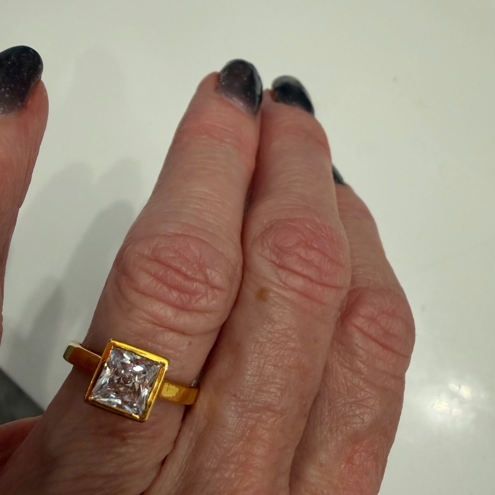 1 carat princess cut bezel moissanite  diamond in 14 carat gold solitaire
